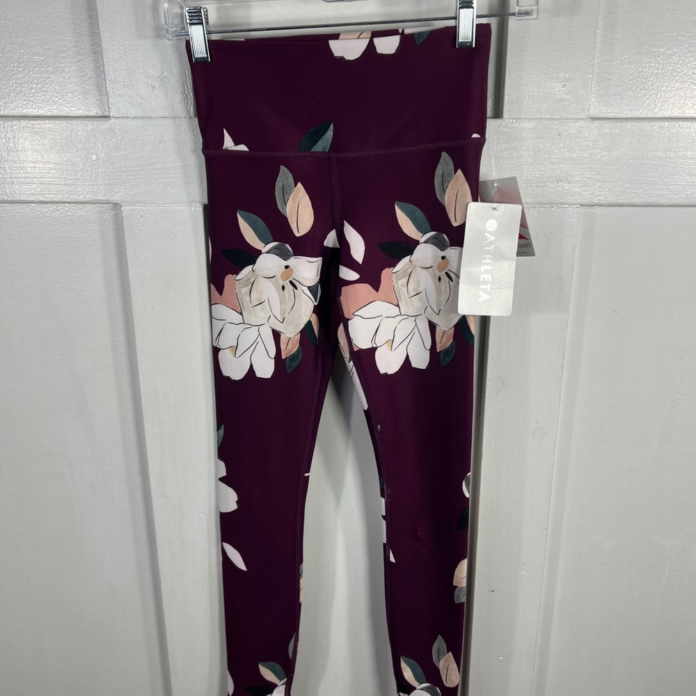 Athleta High Waisted Floral Print Lycra Sport Leggings Burgundy XXS 1121